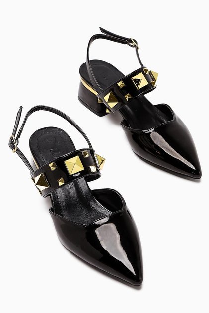 Nicoline Black Patent Leather Pointed Toe Pyramidal Studded Thick Banded Short Heeled Women's Shoes