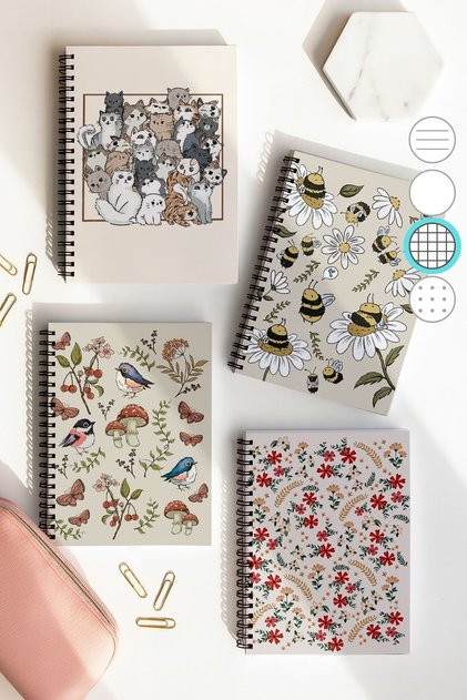School Notebook Set with Spiral Checkered, A5 Size 50 Sheets 100 Sheets Set of 4, Animal Set
