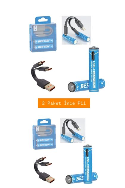 2li Paket Beston P2-01c Usb Type-c Şarjlı Pil Aaa Ince Kalem 666 Mah Li-ion
