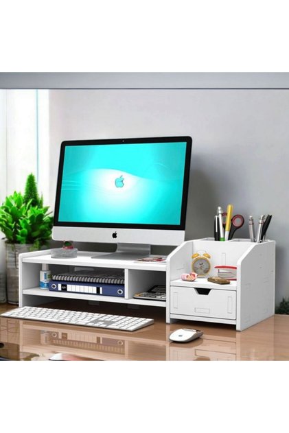 Suport monitor/laptop, ABS alb, 63 x 23 x 18 cm, 6 compartimente