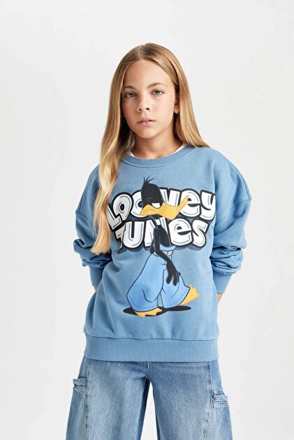 Defacto Mavi Looney Tunes Oversize Geniş Kalıp Bisiklet Yaka