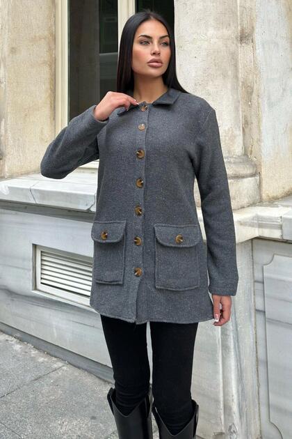 Gray Double Pocket Soft Textured Long Stamp Jacket