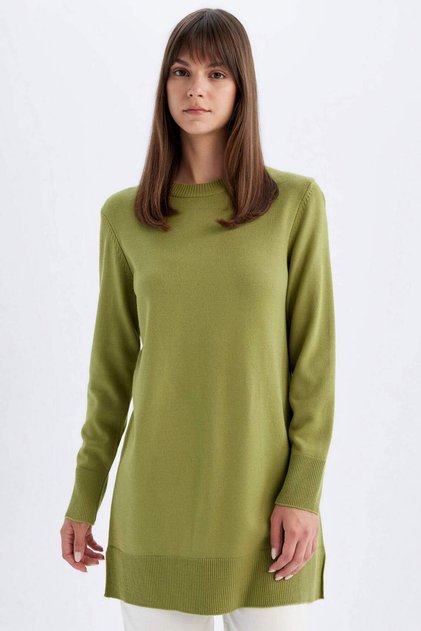 Regular Fit Crew Neck Slit Basic Plain Knitwear Sweater Tunic H3431Az24Au