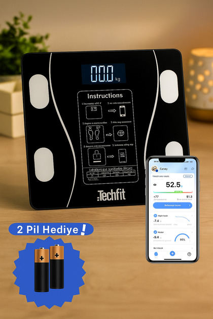 Akıllı Bluetooth Tartı, Vücut Analizli Dijital Baskül, 2 adet AAA Pil Hediyeli