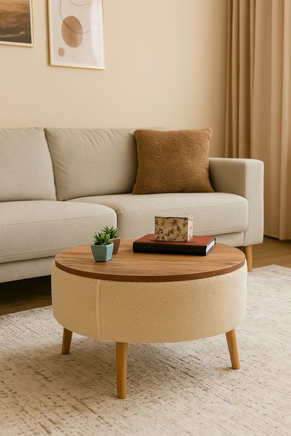 İris Orta Sehpa, Teddy Kumaş Kaplamalı Ahşap Ayaklı Yuvarlak Orta Sehpa, Modern Orta Sehpa