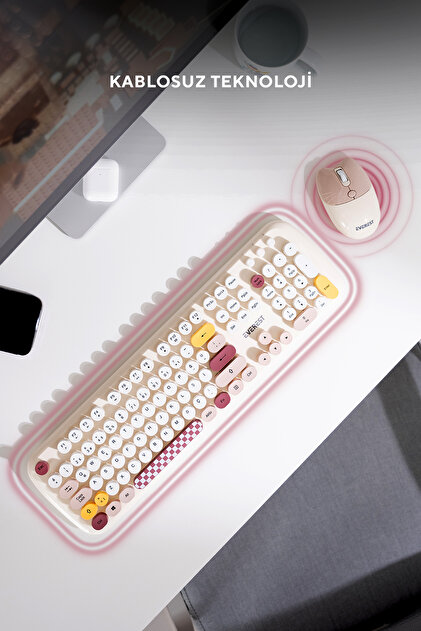 Everest KM-6284 WHISKER Renkli Tuşlu Bej Kablosuz Q Klavye + Mouse