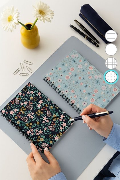 Set of 2 Dotted Notebooks, A5 Size 50 Sheets 100 Pages Set of 2, Mixed Flowers