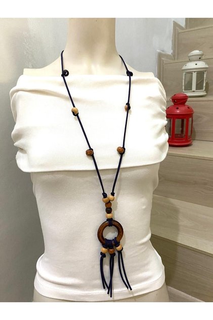 Bohemian Authentic Wooden Ring Necklace Navy Blue