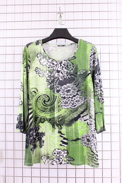 Women's Plus Size Lycra Stone Mixed Pattern Three Quarter Sleeve (4 Season) Mother T-Shirt Blouse - Green