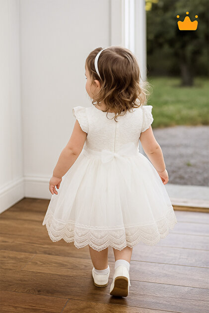 MNMONY 0-24 months waffle tulle skirt baby girl kids evening dress  holiday dress hair band set ecru 1007- Trendyol