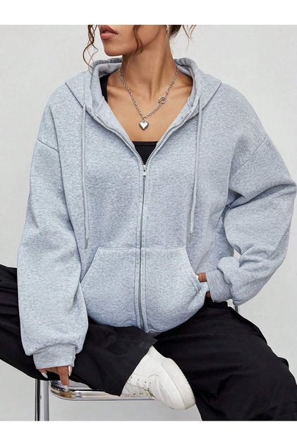 Unprinted Zippered Cardigan Sweatshirt - Gray Oversize Winter Thick Hoodie