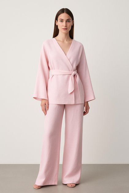Pink Linen Kimono Pants Set