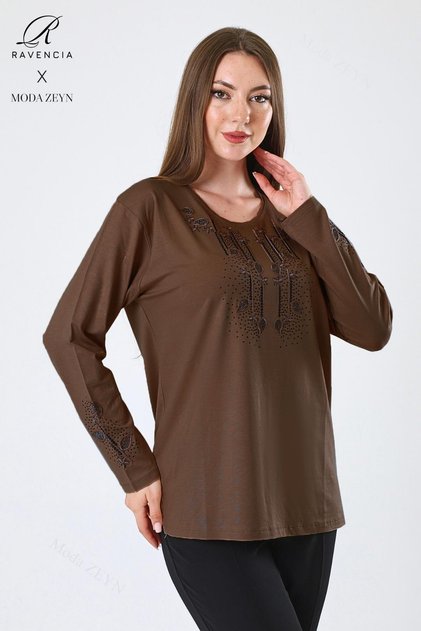 Women's Brown Double Drop Branch Patterned Stone Embroidered Slit Lycra Viscose Mother Combed Cotton Blouse