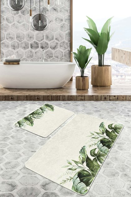 Set of 2 Non-Slip Base Washable Bath Mats with Green Tropical Leaves Natural Design