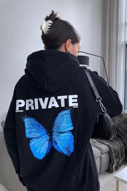 Private Butterfly Sweatshirt - Black Printed Oversize Hoodie