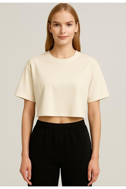 Women's Cream Short Sleeve Oversize T-Shirt-D814