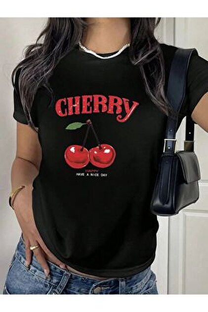 Sweetline Cherry-Happy-Baskılı Siyah Bisiklet Yaka Sweatshirt