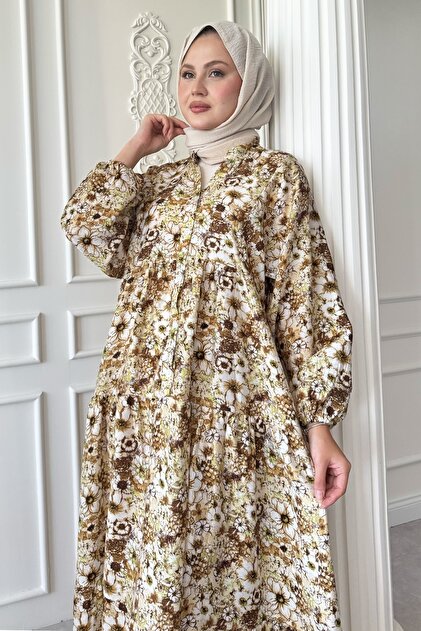 InStyle Narcissus Flower Brown Mango Dress- Trendyol