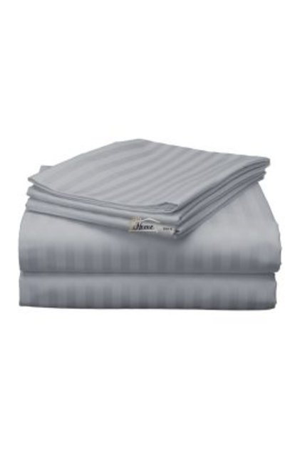 Cearșaf de pat dublu King Size, model damasc, cu dungi din policombotit, 1 cm, 230 x 260 cm, gri deschis