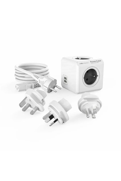 Prelungitor cubic, Powercube de la Allocacoc, 3 adaptoare, 2xUSB, 4 prize, cablu IEC de 1m, alb/gri