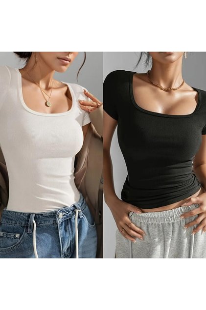 2-Piece Set Camisole Fabric Ribbed Chest Low-Cut Short Sleeve Blouse, T-Shirt