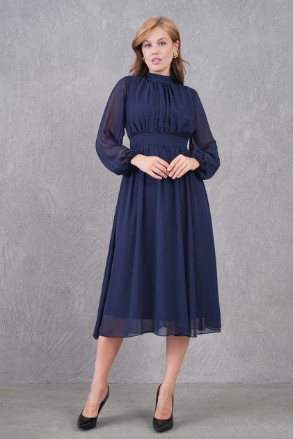 Women's Stand Collar Navy Blue Lined Chiffon Fabric Tulle Design Long Sleeve Pleated Midi Dress 094