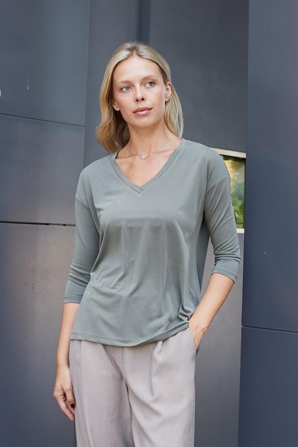 Women's Quality Modal Stretchy Fabric V-Neck Off-Shoulder Capri Three-Quarter Sleeve Lightweight Loose Blouse-Khaki