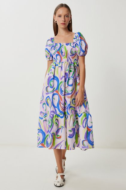 Balloon Sleeve Patterned Woven Dress Lfg0088 Lila Blue