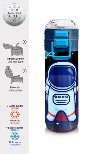 Kids Cobalt Blue Astronaut Patterned Steel Thermos with Straw and Direct Drinking 500 ml 31933