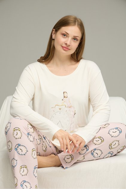 Ecru Patterned Curve Large Size Oversized Cotton Pajama Set25240829