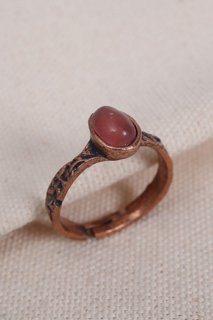 Pink Cat's Eye Stone Pure Copper Adjustable Ring (Natural Stone)