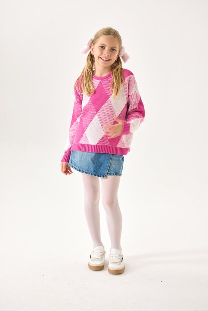 Girls' Knitwear Sweater – Diamond Pattern / Long Sleeve / Crew Neck