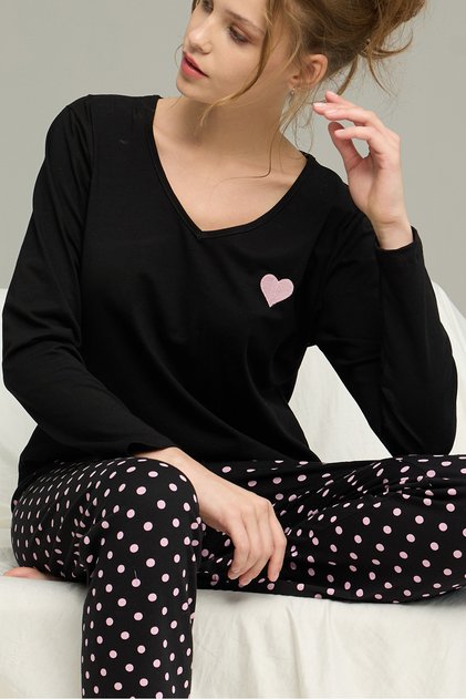 Black Points Pattern Knitted Cotton Pajamas Suit25240273
