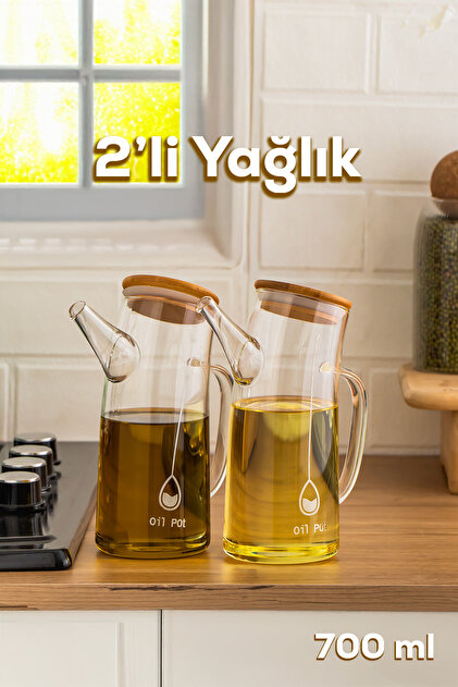 Porsima 2093 Bambu Kapaklı Vakumlu Borosilikat Cam 2li Yağdanlık