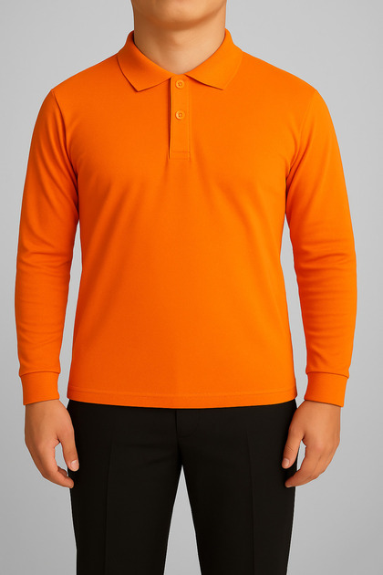 Unisex Orange Long Sleeve Polo Neck Lacoste T-Shirt – School High School Adult Suitable for Use 100% Cotton