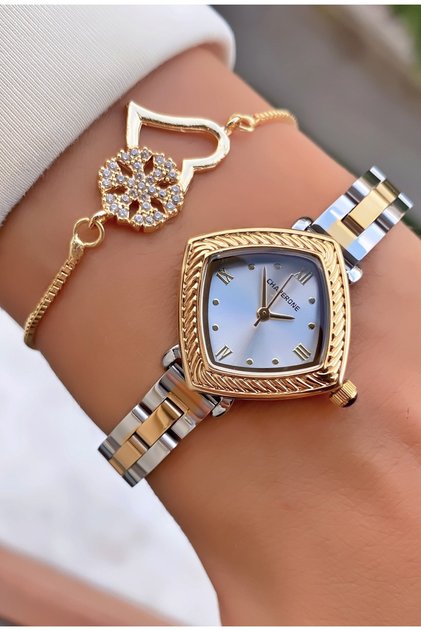 Elegant square case women's wristwatch - stylish design with gold silver steel strap