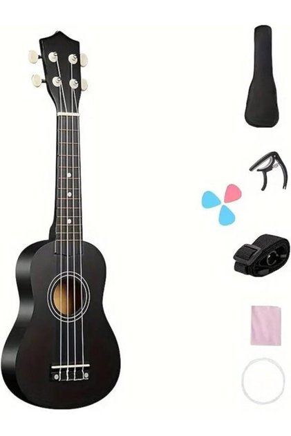 Designer Series 4 String Soprano Ukulele with Bag, Capo, Strap, Cloth and Strings (Black)
