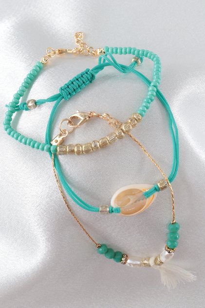 Turquoise Rope Bracelet with 3 Sea Shells, Pearls, Tassels, Elevator and Elastic. Women's Rope Bracelet Anklet