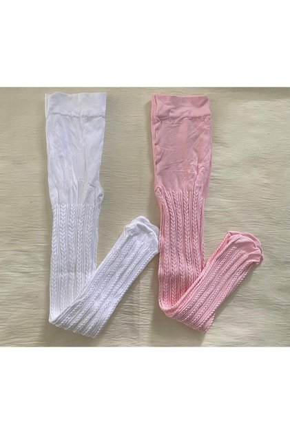 2-Piece Girls Patterned Pantyhose (80 Den Medium Thick Seasonal Pantyhose) White & Pink