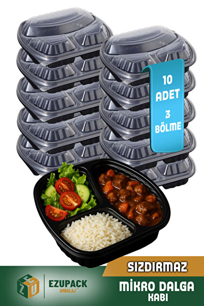 Ezupack 10 Adet SIZDIRMAZ 3 Üç Göz Paket Servis Yemek Kabı