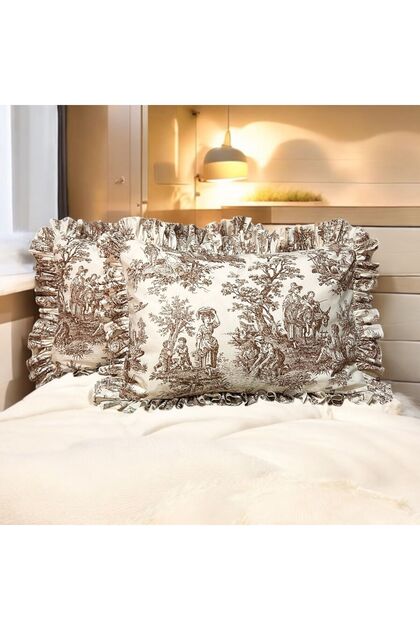 Ruffled Pillow Case Single French Country House Style 2 Pcs 50 X 70 cm Brown