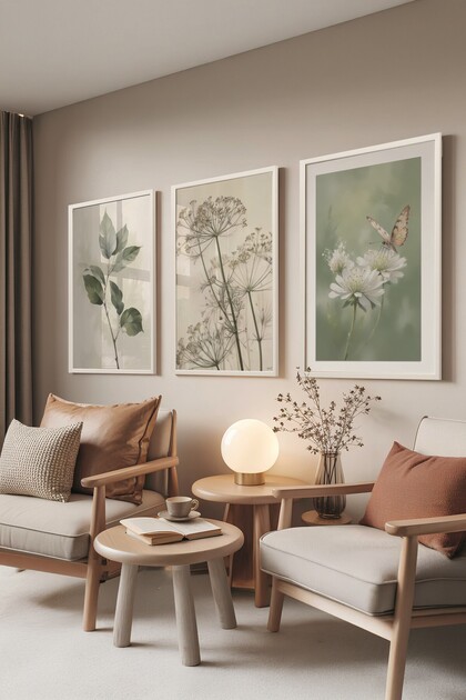 Beyaz Tablo Seti, 3 Adet Beyaz Çerçeveli Poster Nature Model No:300809, Yeşil Duvar Dekoru