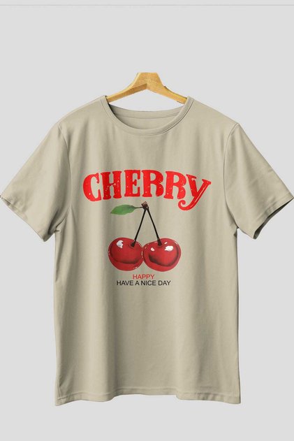 Cherry Cherries 5 Pre-Printed Beige Oversize T-Shirt Men Women Cotton Crew Neck T-Shirt