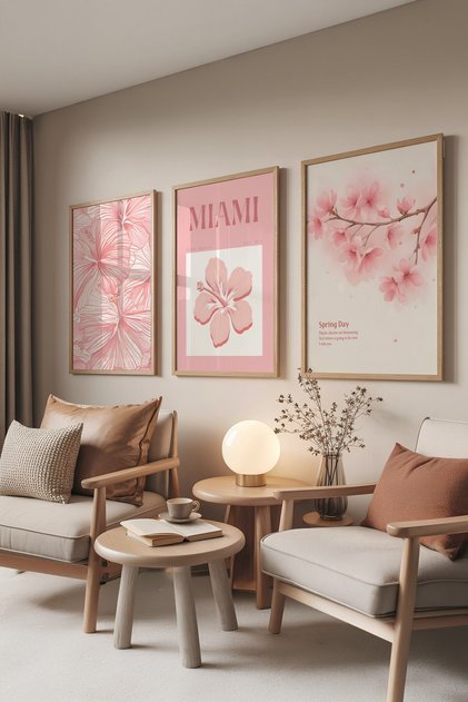 Ahşap Tablo Seti, 3 Adet Ahşap Çerçeveli Poster Miami Model No:300799, Pembe Duvar Dekoru