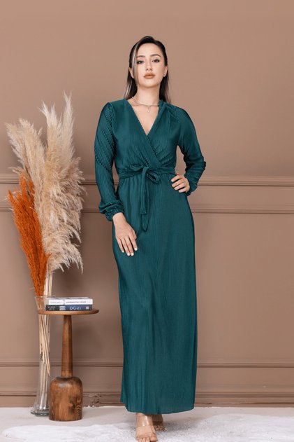 Pleated Belted Long Dress - Emerald Green
