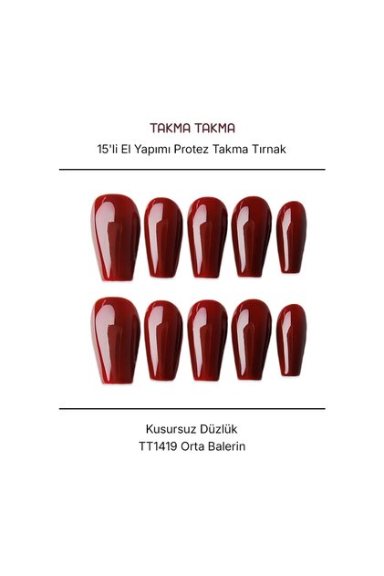 15'li Bordo Orta Balerin TT1419 Tekrar Kullanılabilir El Yapımı Protez Takma Tırnak Bordo-L