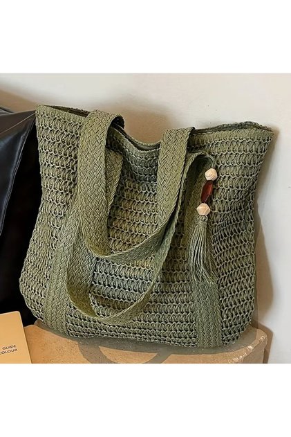 Large Size Straw Zippered Tasseled Beach Bag