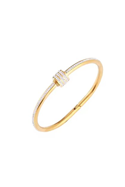 Brățară elegantă de damă, model rigid cu cristale de zirconiu, trei inele decorative, auriu