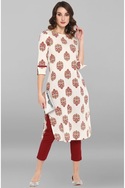Premium onam cotton office / casual kurti - Dark blue kurti/kurta for women with maroon floral print