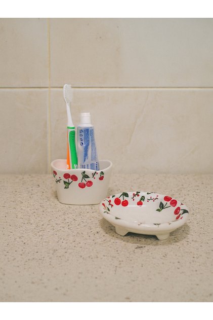 2-Piece Bathroom Set - Cherry Pattern Solid Soap Dish & Toothbrush Holder, Sponge Holder - Handmade Ceramic